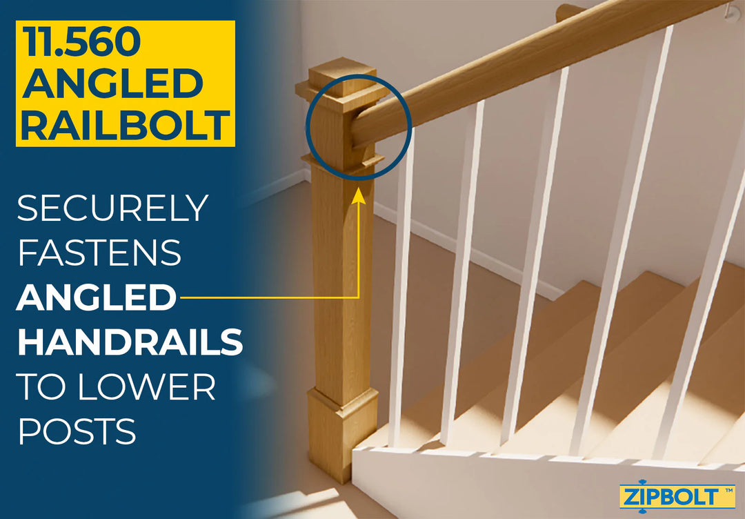 Angled Handrail to Newel Post Connector — 11.560 Angled Railbolt for Lower Staircase Connection