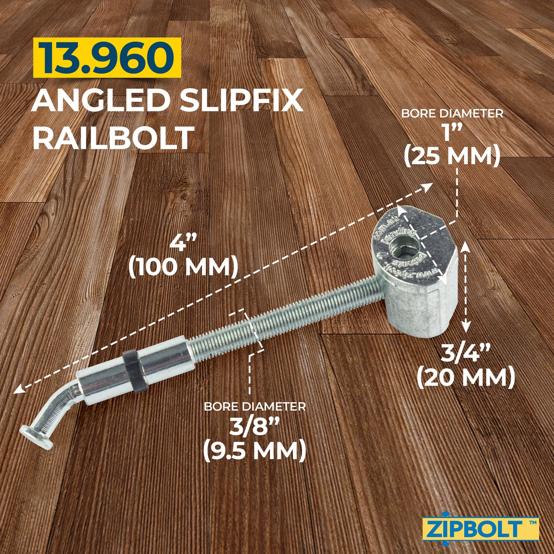 Angled Staircase Handrail to Newel Post Installation Kit — 11.560 Angled Railbolt + 13.960 Angled Slipfix Railbolt