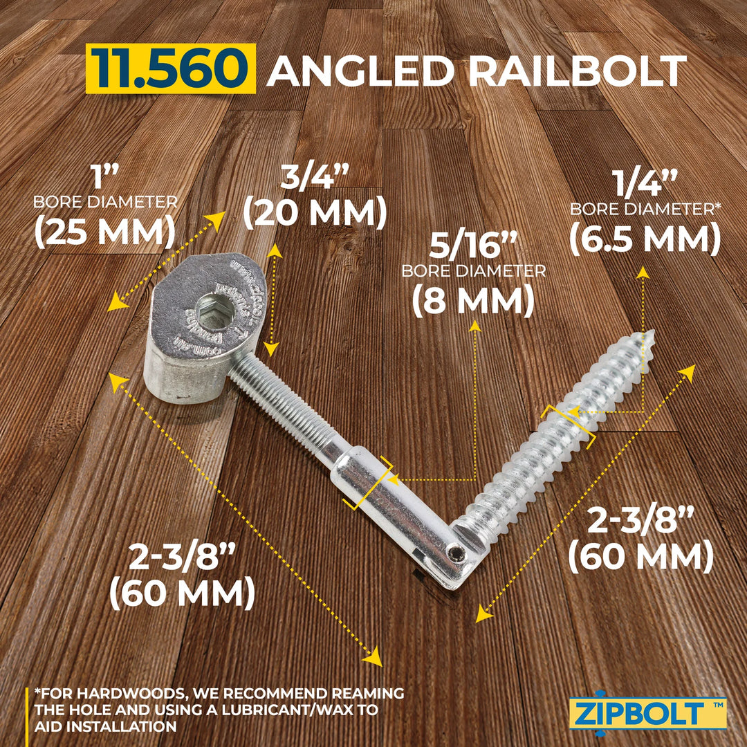 Angled Handrail to Newel Post Connector — 11.560 Angled Railbolt for Lower Staircase Connection