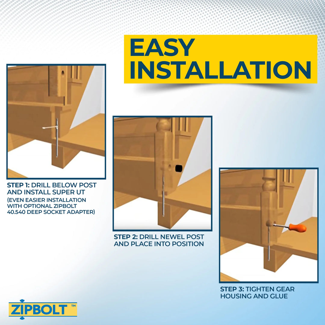 Super UT Newel Post Fastener — 14.110 Quick and Easy Wrench-Free Installation of Staircase Newel Posts