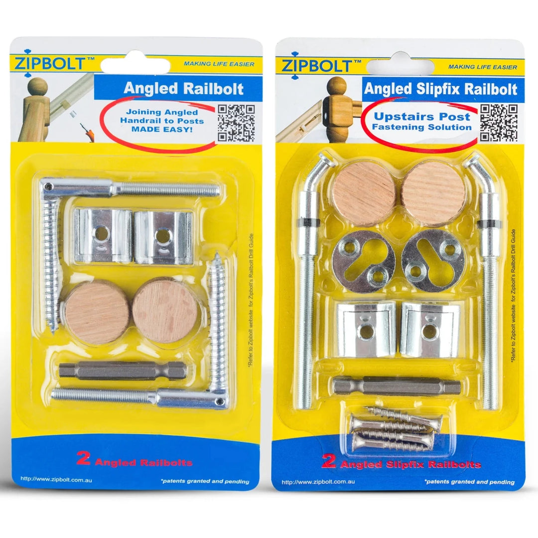 Angled Staircase Handrail to Newel Post Installation Kit — 11.560 Angled Railbolt + 13.960 Angled Slipfix Railbolt - All Things Stairs