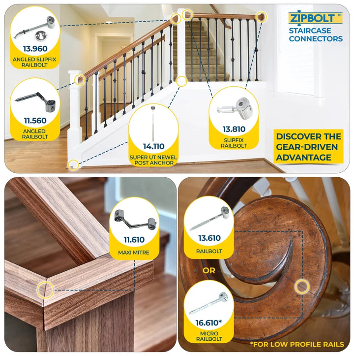 Slipfix Railbolt Handrail to Newel Post Connector — 13.960 Easily Fasten Staircase Handrails to Newel Posts - All Things Stairs
