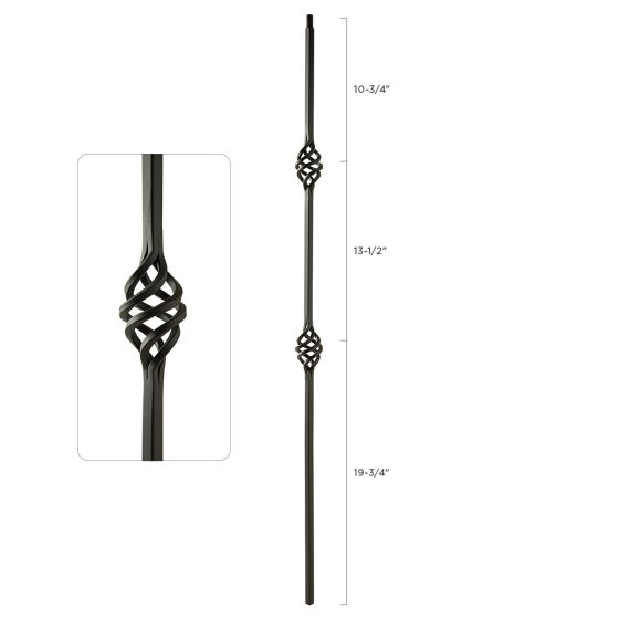 Steel Tube Balusters | 1/2" Square Series With Dowel Top | Double Basket | Satin Black